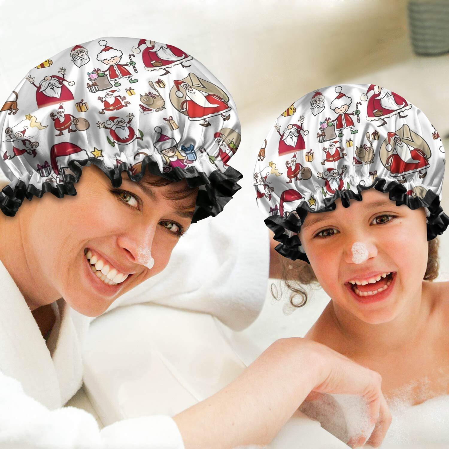 Shower Caps,White Christmas Santa and Character Pattern Waterproof Shower Cap for Women 4 Pieces,Double Reusable Hair Cover for Shower PEVA Elastic Stretch Hem