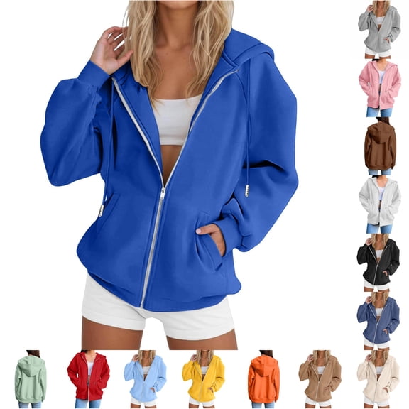OSOLU Women's Hoodies Full Zip Drawstring Front Pockets Oversized Long Sleeve Casual Sweatshirts Blue