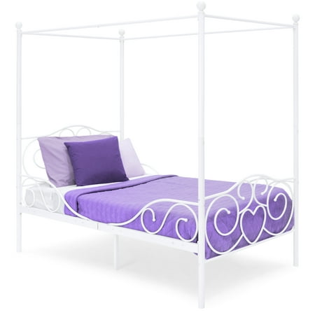 Best Choice Products 4-Post Metal Canopy Twin Bed Frame with Heart Scroll Design, Slats, Headboard, and Footboard, (Best Bed For Newborn Twins)