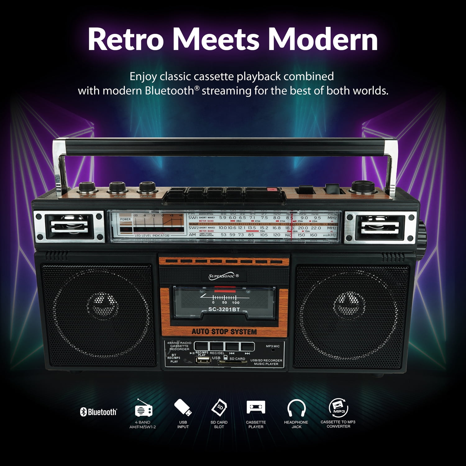 Supersonic Retro Bluetooth Cassette/AM/FM/Shortwave Boom Box, SC-3201BT, Wood