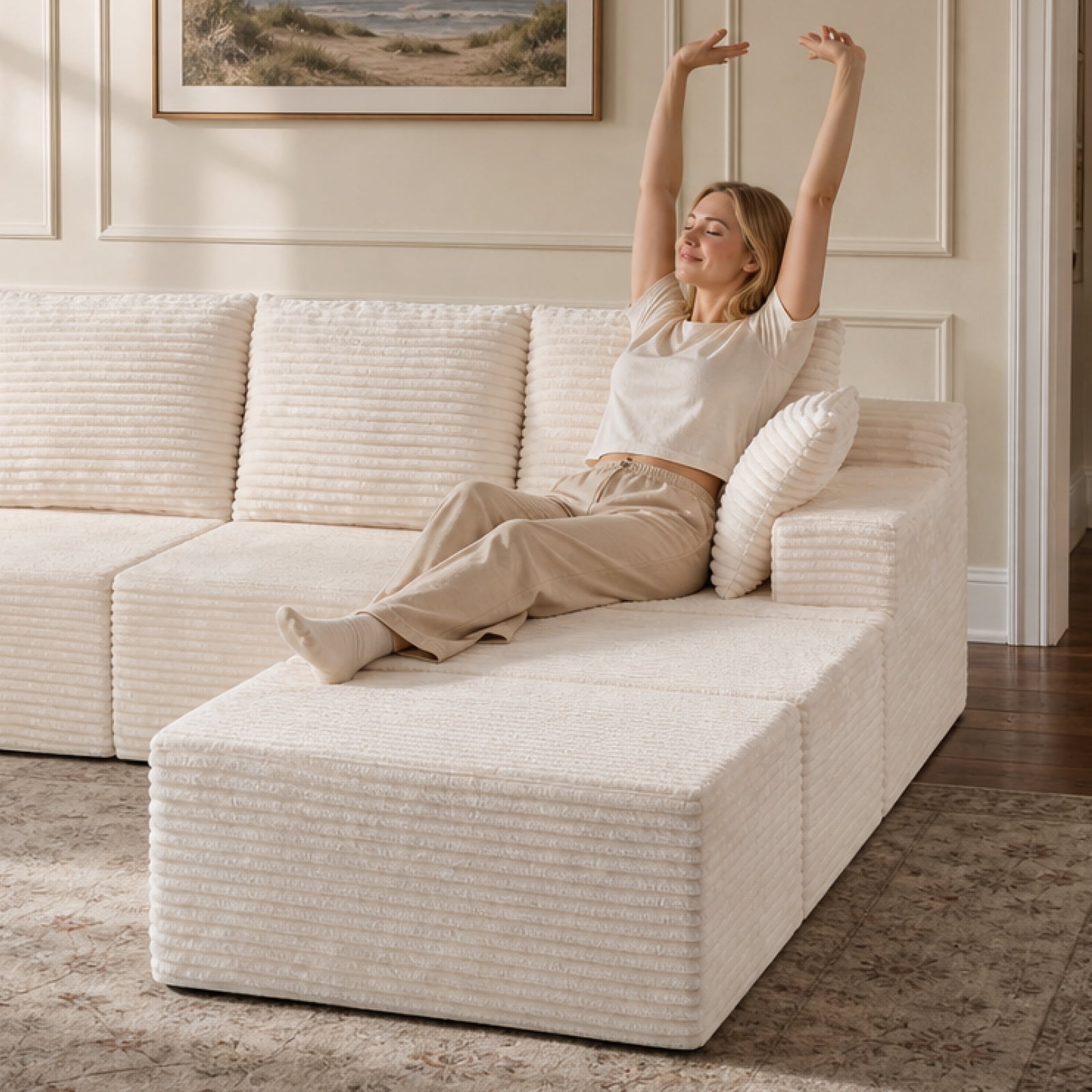 131" Oversized U Shaped Boneless Modular Sectional Sofa with 2 Ottoman and 6 Pillows
