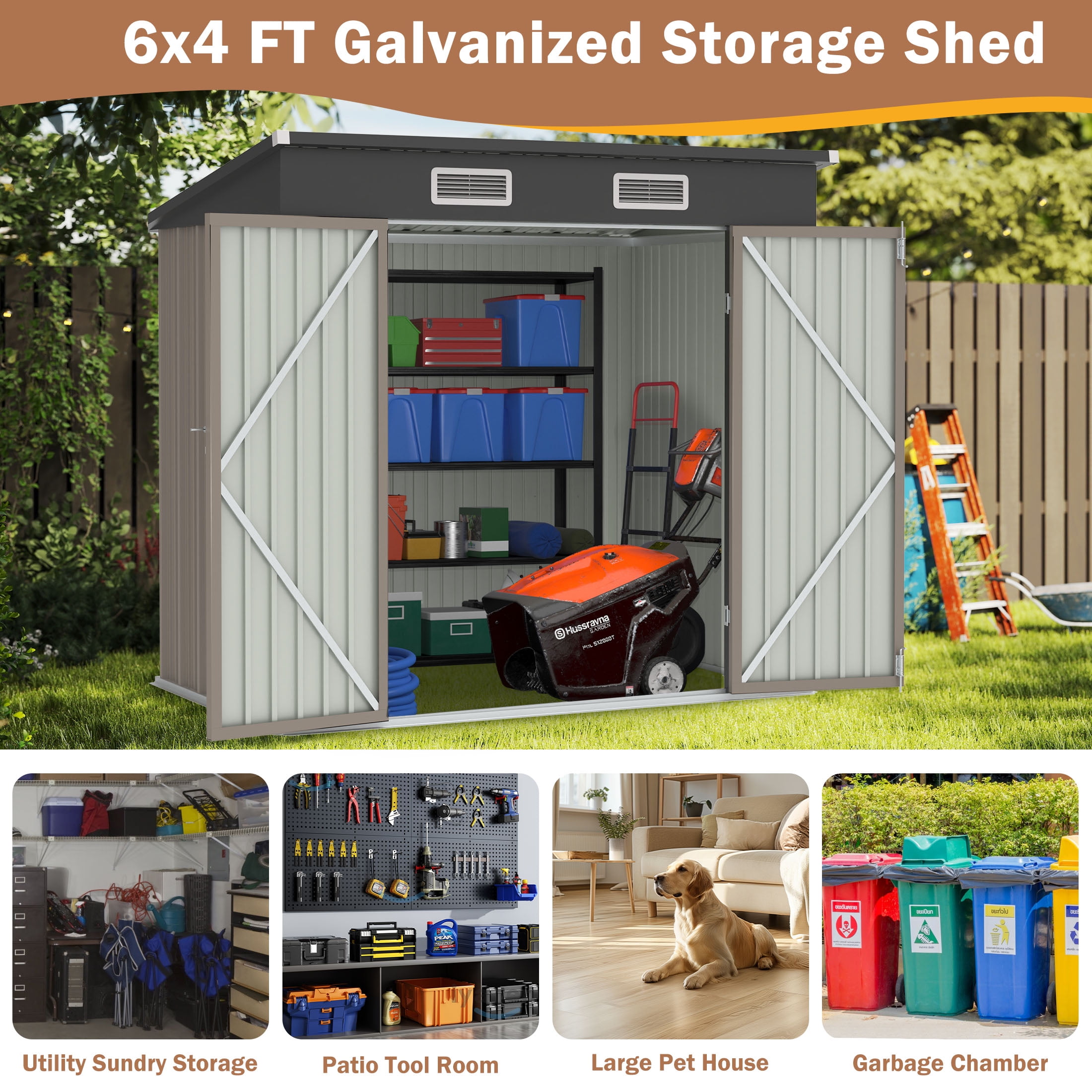 Clearance Storage Shed, Enyopro 6'x4' Outdoor Storage Sheds, Metal Storage House with Lockable Door, Storage Garden Tool shed for Lawnmower, Bike, Garage, Brown