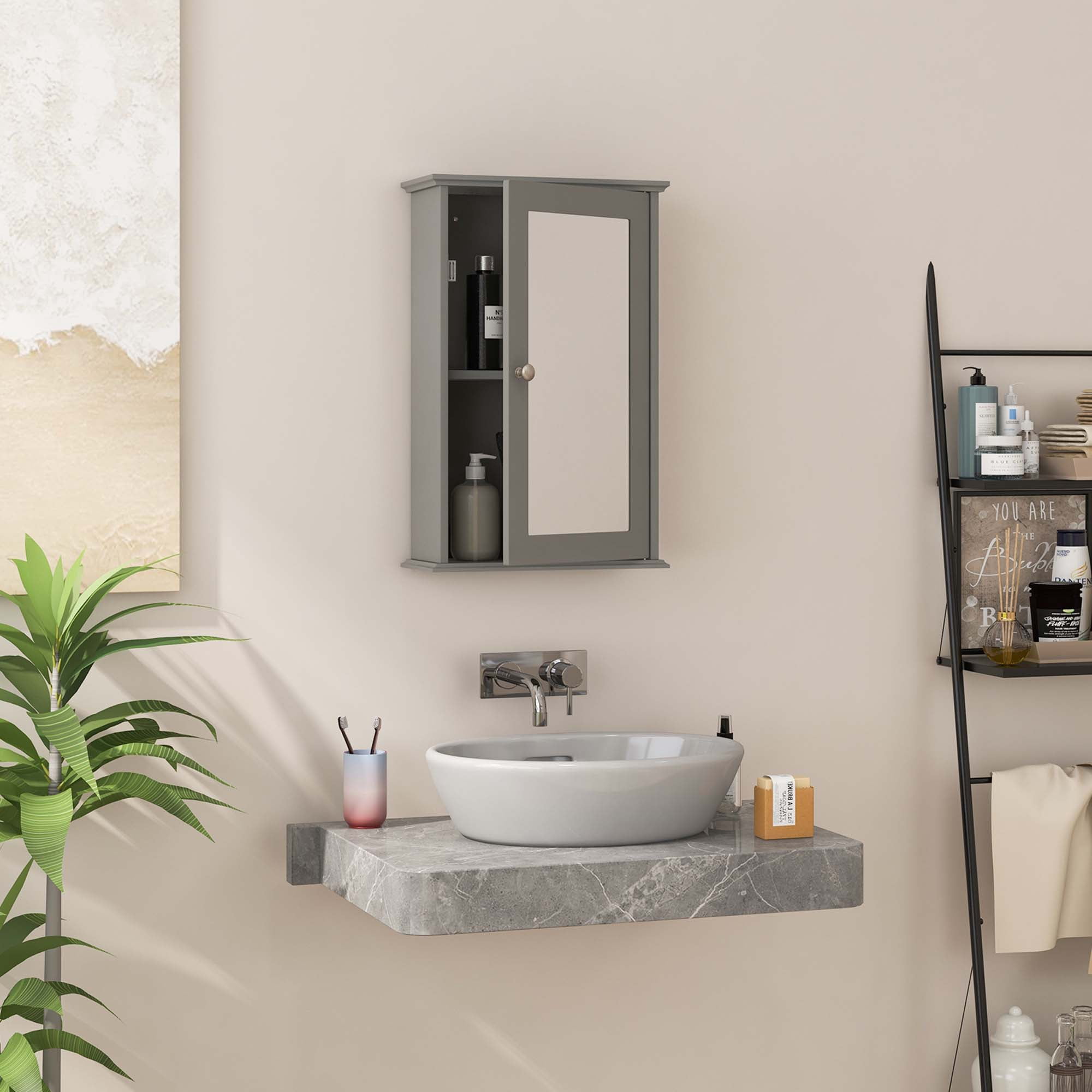 Costway Bathroom Wall Cabinet Single Mirror Door Cupboard Storage Medicine Cabinet Wood Shelf Grey