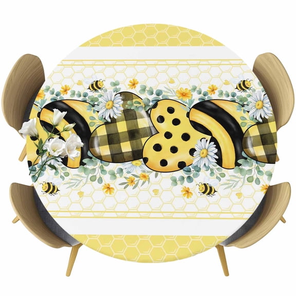 Bee Daisy Round Tablecloth, Fitted Table Cover with Elastic for 36"-44" Round Tables, Botanical Eucalyptus Leaves Spring Love Yellow Table Cloth Outdoor Indoor Dinning Party Waterproof Tablecloths