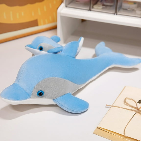 Gqtwoy 15-Inch Cute Mother and Baby Dolphin Plush Toy, Soft Simulation Marine Animal Doll for Kids, Comfortable Cuddle Pillow, Blue, Ideal Birthday Gift