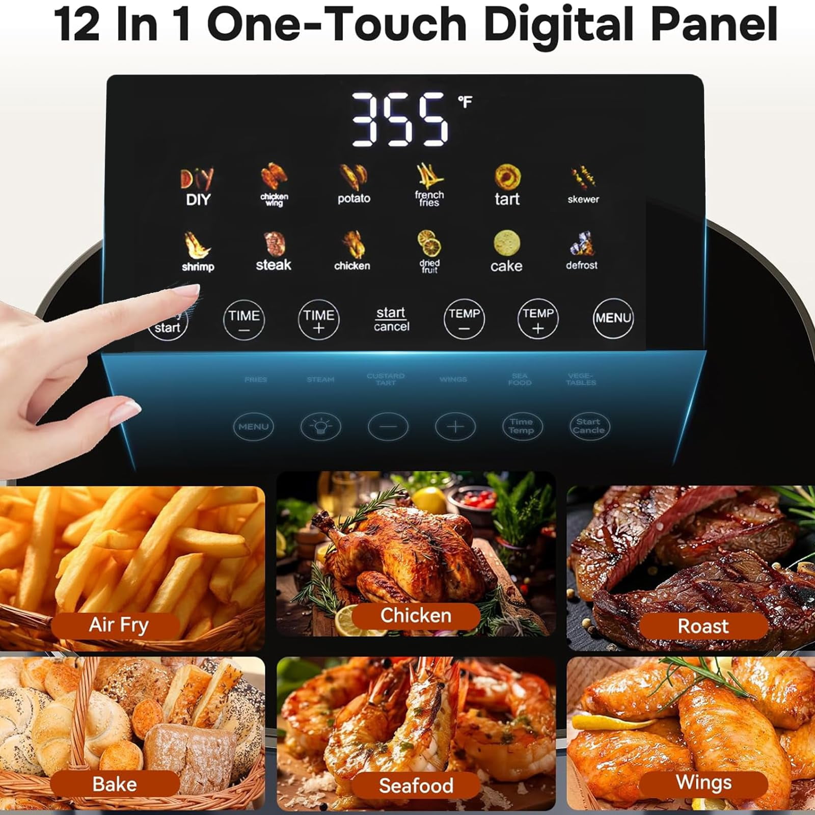 Blazezo 12-in-1 Air Fryer 7.5 Qt with Visible Window, Digital Touchscreen, 12 Presets, Dishwasher Safe Basket, for Healthy Oil Free Cooking, French Fries, Chicken, Family