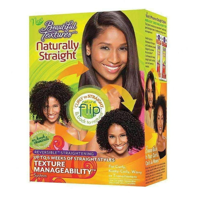 Beautifully Textures Naturally Straight Texture Manageability System for curly hair, featuring reversible straightening for up to 6 weeks. The packaging highlights its ability to transition from natural curls to straight styles and back without damaging the curl pattern. Includes shampoo and conditioner, enriched with essential oils, natural butters, and amino acids, free from harsh chemicals. Ideal for curly, kinky-coily, wavy, or transitioning hair types.