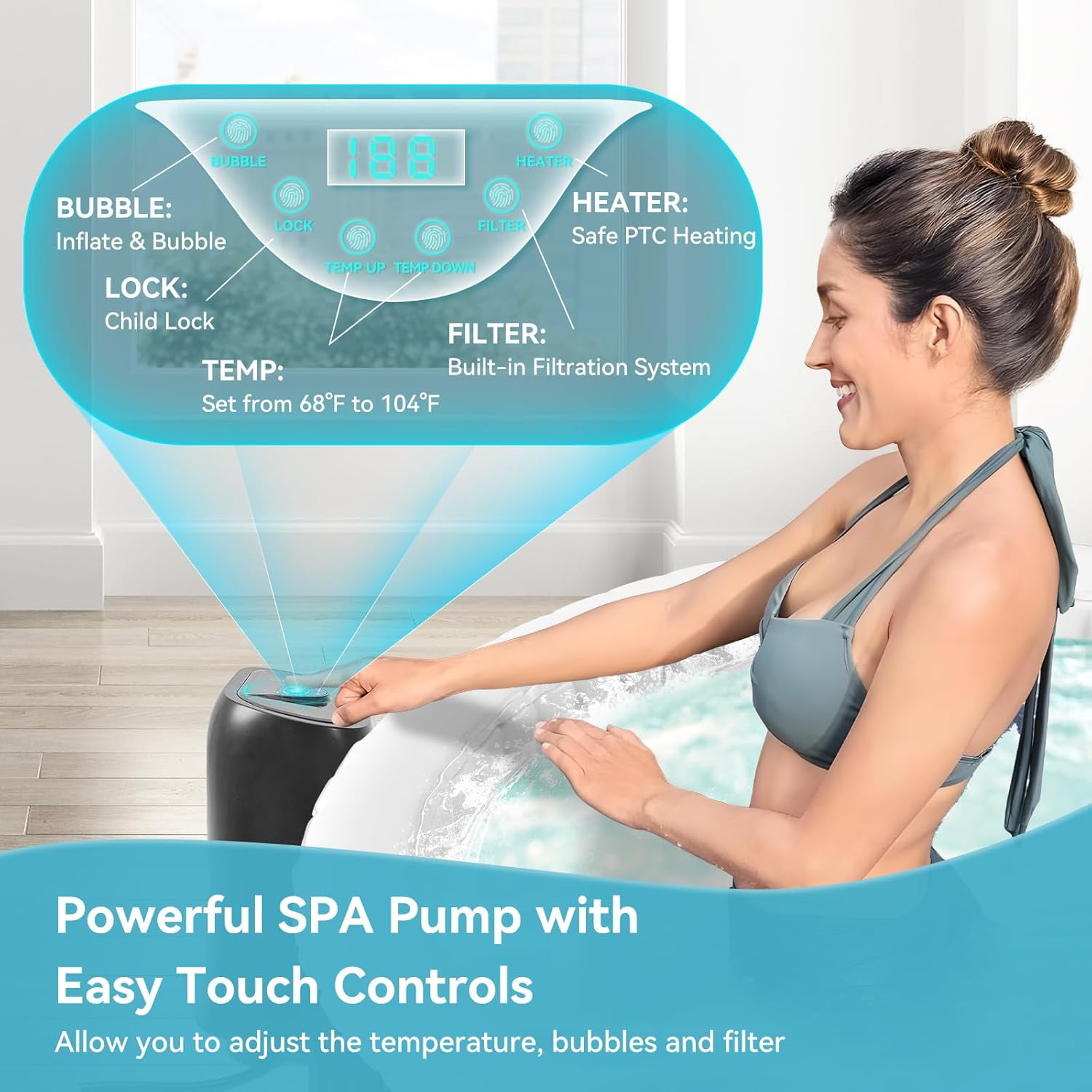 211 Gallon Inflatable Hot Tub 4 Person Round with LED Lights, Portable Outdoor AirJet Hot Tub Spa with 110 Bubble Jets, Filter, Insulated Tub Cover and Floor Protector, Temperature up to 104°F