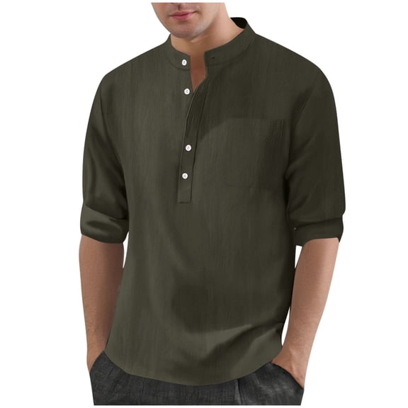 ZCFZJW Mens Cotton Linen Henley Shirts Long Sleeve Casual Shirt Summer Beach Hippie T-Shirt Band Collar Shirt with Chest Pocket Army Green L
