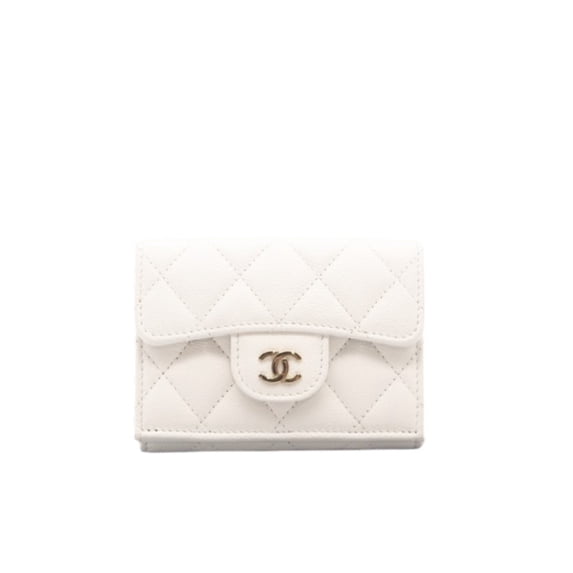 Pre-Owned CHANEL Caviar Matelasse Classic Compact Wallet AP0230, Tri-fold in White Grained...