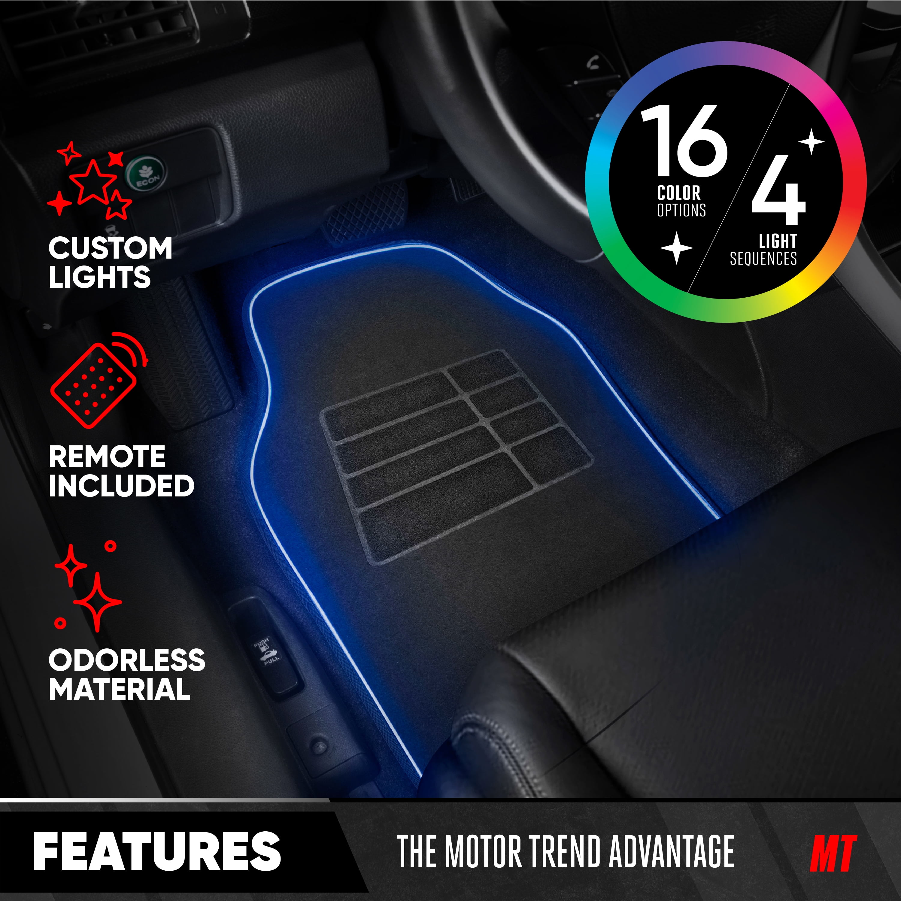 Motor Trend BrightLights LED Car Mats, Set of 2 - RGB Floor Mats for Cars, Carpet Car Floor Mats with LED Lights for Car Truck Van SUV, Universally Sized for Most Vehicles