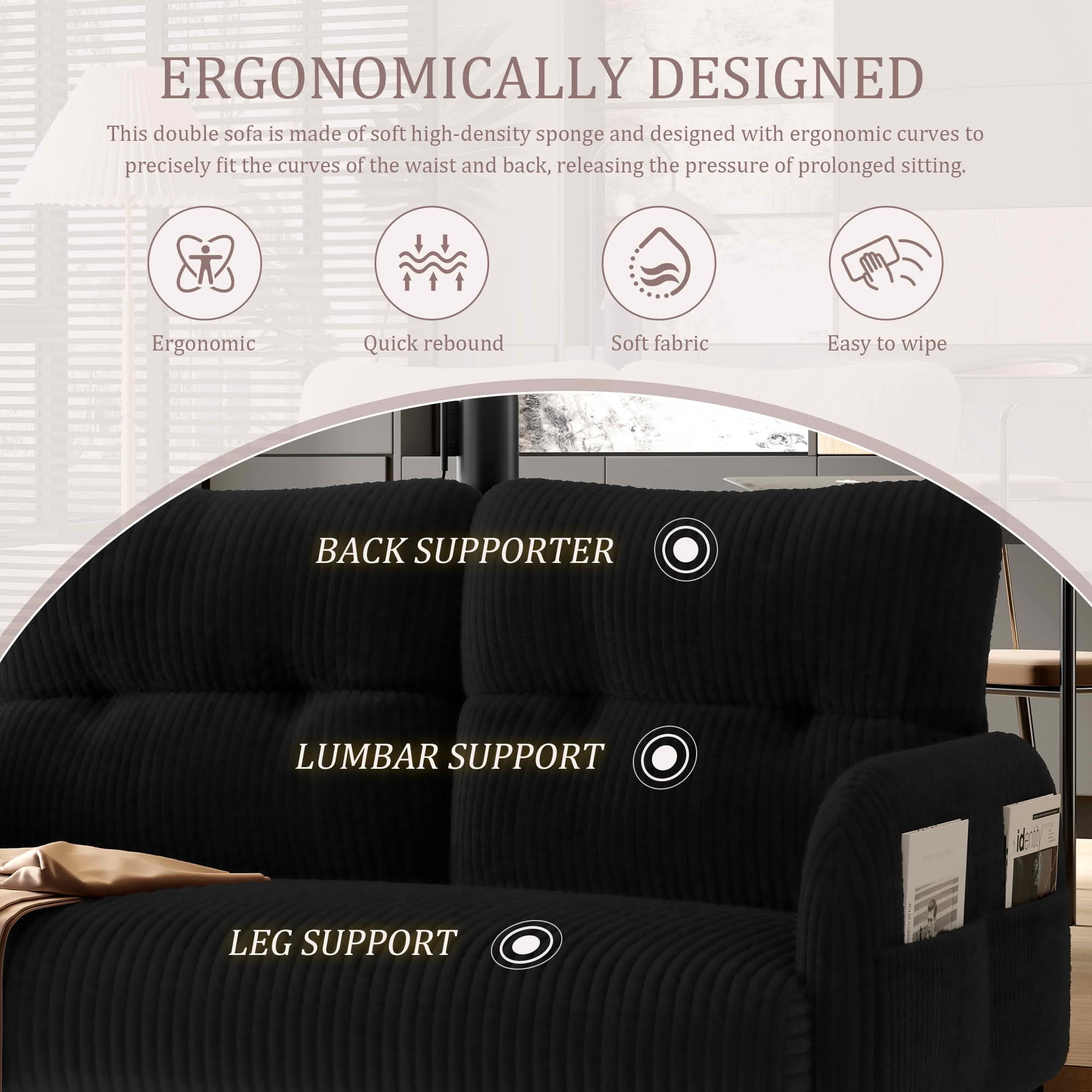 MAYEERTY Corduroy 2-Seater Loveseat, Modern Monochrome Double Sofa with Side Storage Pockets & Sturdy Wood Frame for Home Office