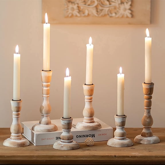 NUPTIO Taper Candle Holders Wood: Set of 6 Rustic Wooden Candlestick Holder - Vintage Candleholder for Fall Thanksgiving Christmas Fireplace Table Decor