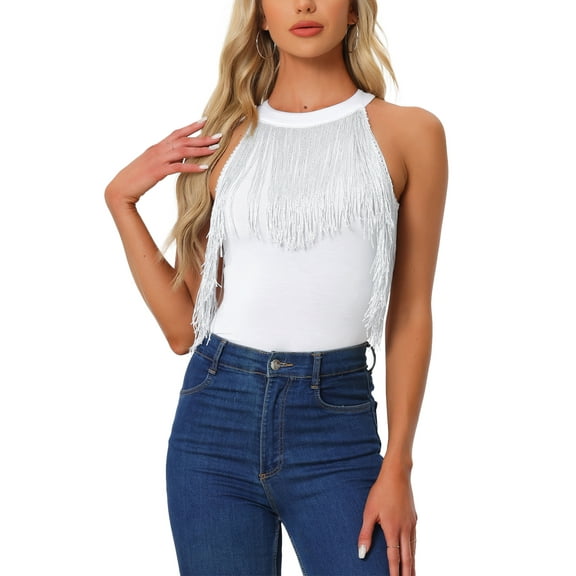 INSPIRE CHIC Women's Bodysuit Fringe Trim Sleeveless Halter Neck Bodycon Tops S White