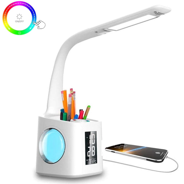 Lámpara de escritorio LED con puerto de carga USB y portalápices, con reloj y calendario Fason 2034396