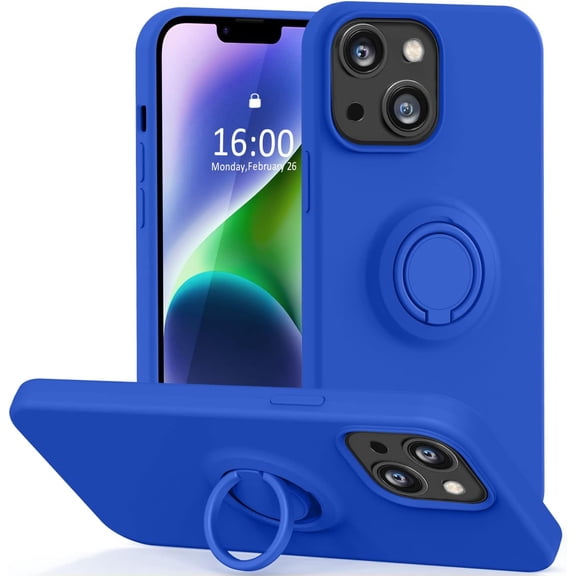 Compatible with iPhone 14 Case 6.1 inch,[Built-in 360° Rotatable Ring Holder][Anti-Scratch Soft Microfiber Lining] Liquid Silicone Shockproof Phone Case for iPhone 14 Men -Klein Blue