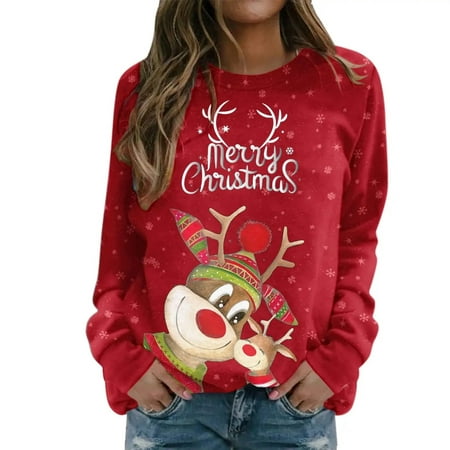 

jsaierl Womens Christmas Sweatshirts Crewneck Long Sleeve Shirts Christmas Deer Pattern Tops Workout Casual Fall Blouse Tee Xmas Pullover Gifts