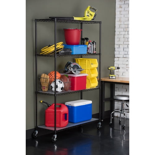 Trinity 4Tier Wire Shelving Rack with Wheels and Liners, Black