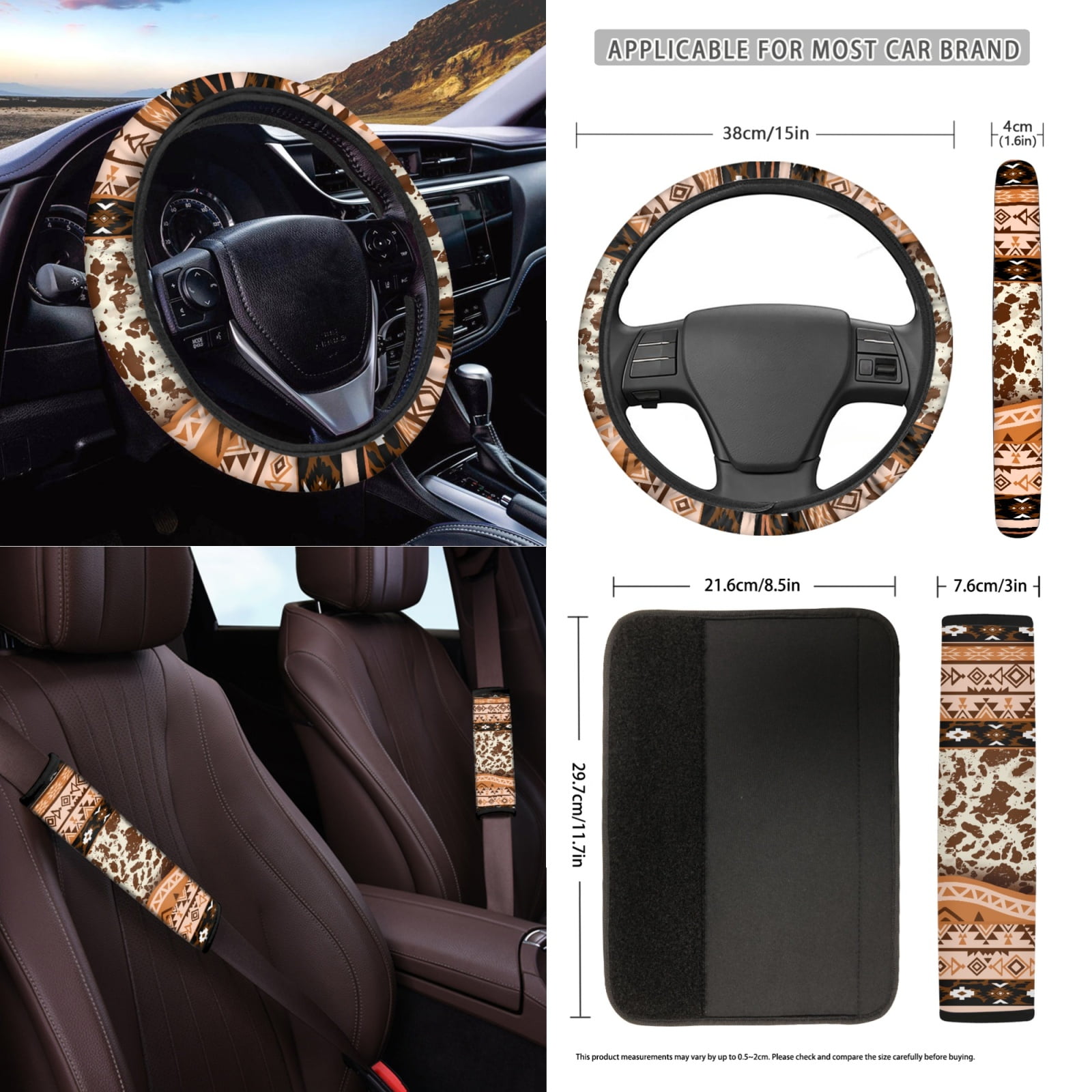 Renewold American Tribal Cow Print 12 PCS Front Car Seat Cover Set with Steering Wheel Seat Belt Armrest Rear View Mirror Cover Trash Can Coaster Keychain Air Vent Pouch Auto Decor Universal Fit