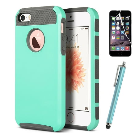 ULAK iPhone 5 5S SE Case with Hybrid Hard Dual Layer Slim Fit Protection Case Cover w/ Screen Protector & Stylus [Mint (Best Iphone 4 Cases With Screen Protector)