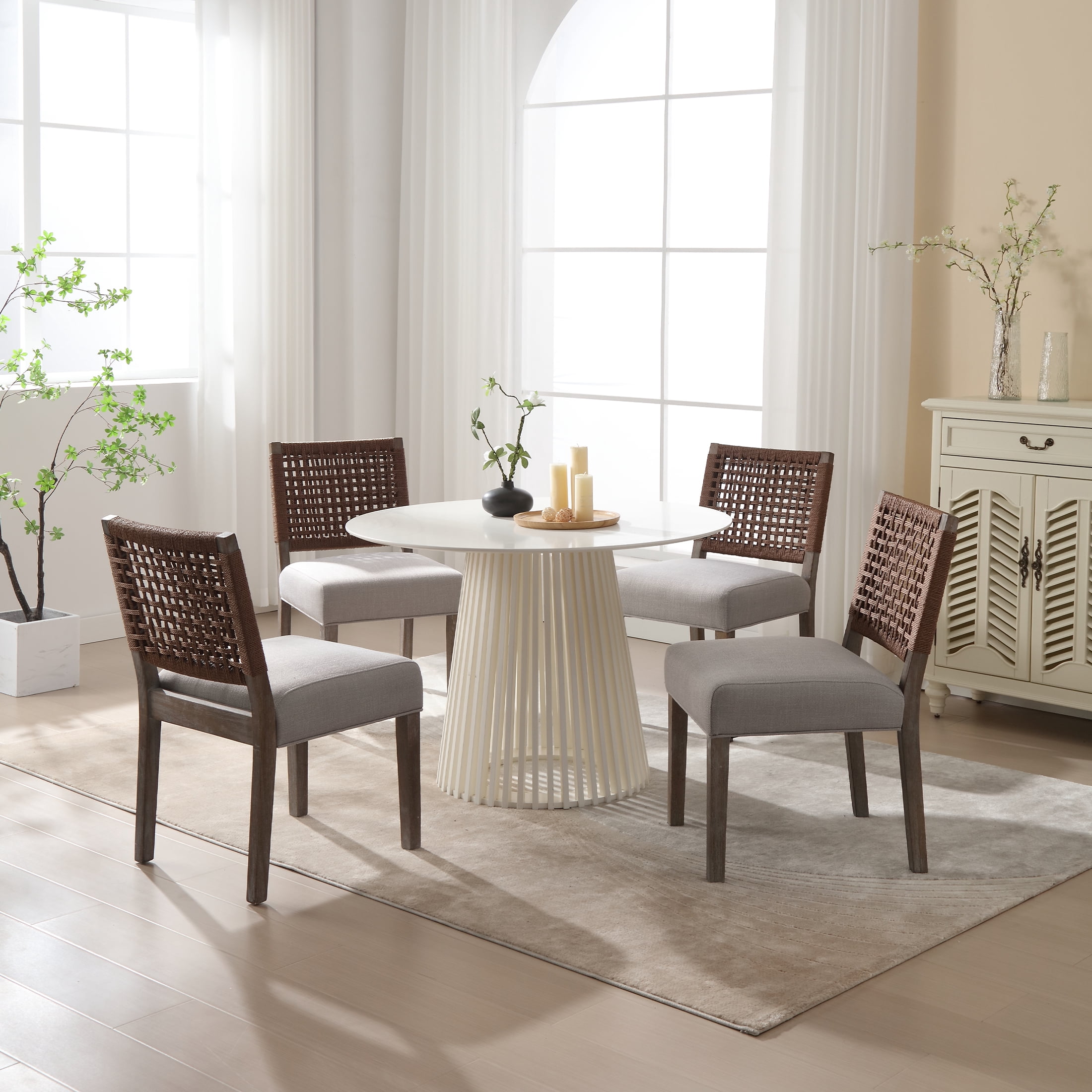 Guyou Farmhouse Dining Chairs Set of 6, Linen Upholstered Kitchen Chairs with Woven Rope Backrest, Mid Century Modern Solid Wood Side Chairs for Kitchen Dining Room, Grey