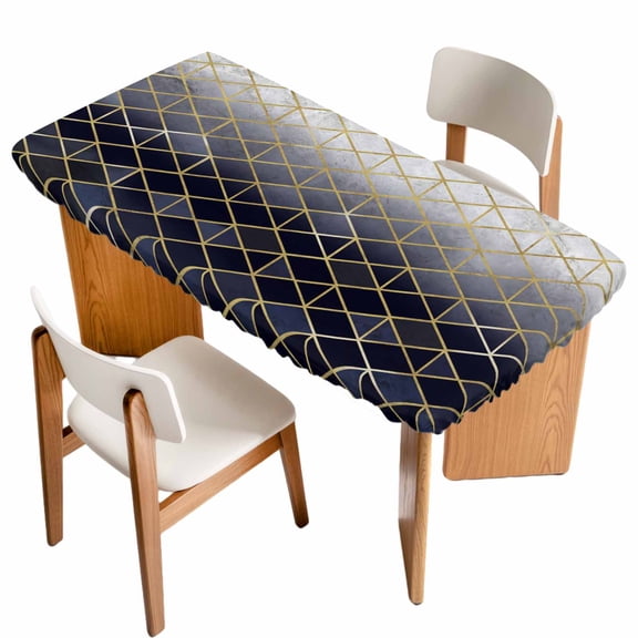 Blue Geometric Table Cloths for 3 Foot Rectangle Tables, Modern Abstract Gradient Marble Patio Waterproof Elastic Fitted Tablecloths, Washable Rectangular Table Cover for Camping