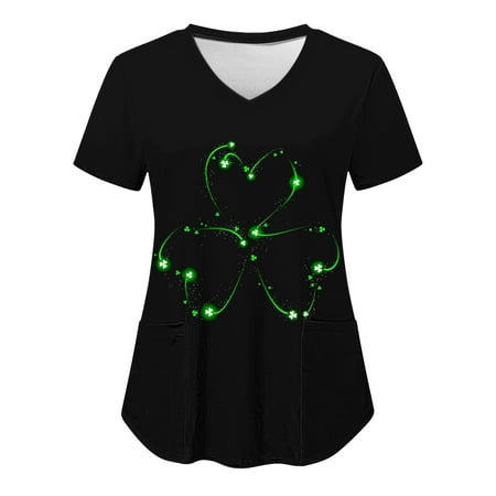 

St. Patrick s Day Scrub Tops for Women Short Sleeve V Neck Shamrock Graphics Nurse Uniform Shirts with Pocket