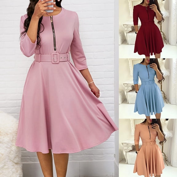 Joernso Women Spring Dress Three Quarter Sleeves Solid Color with Belt Tight Waist A-line Dress-up Knee Length Zipper Lady Fall Dress Female Clothes