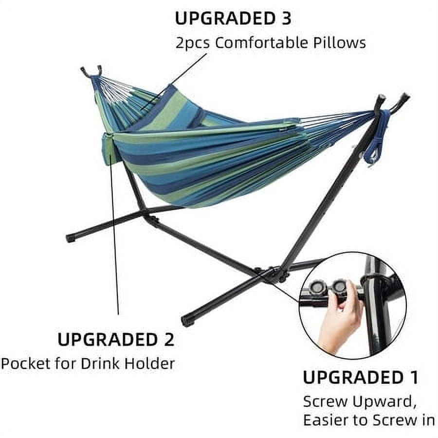 ONCLOUD 550 LBS Capacity Double Hammock with Stand Included with Portable Carrying Bag, 2-Person Hammock for Outdoors & Indoors - Blue Green Stripe