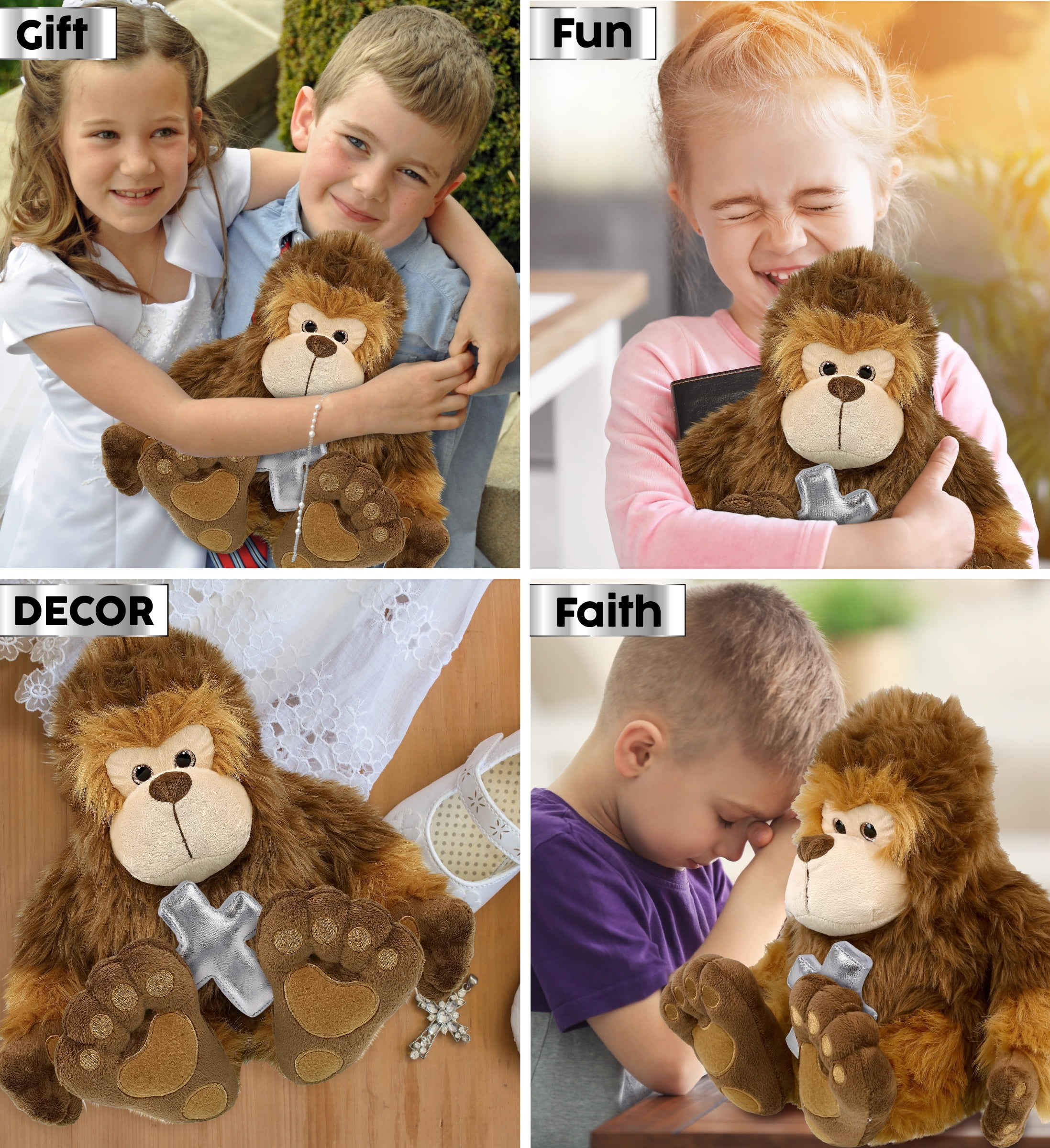 DolliBu Super Soft Big Foot Stuffed Animal with Silver Cross Plush - Religious Baptism Gifts for Boys and Girls, Dedication Christening Gifts Plush Prayer Toy Healing Stuffed Animal - 12 Inches