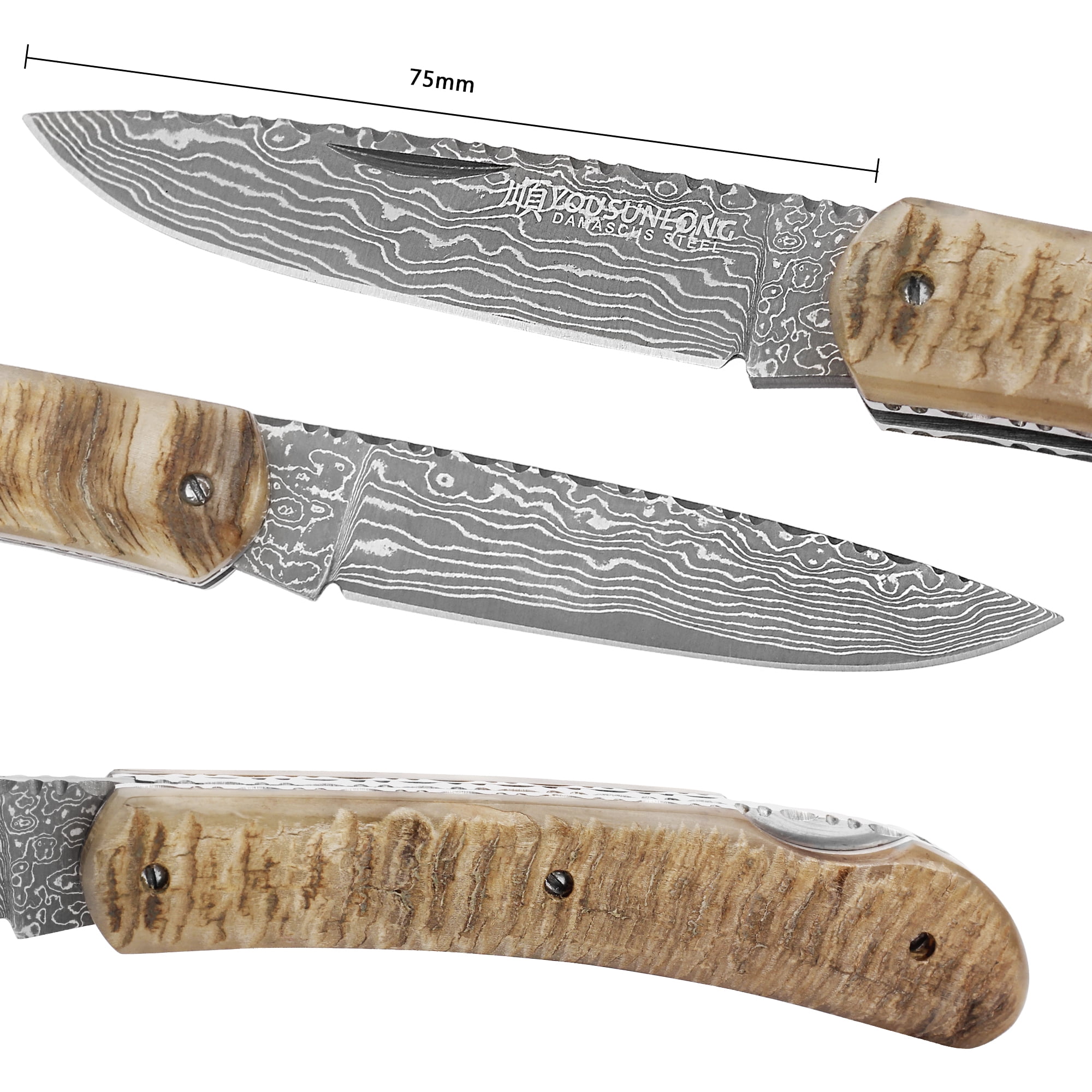 YOUSUNLONG Folding Knife Pocket Knife Overall 175mm - Japanese Damascus Steel Natural Antelope Horn Handle