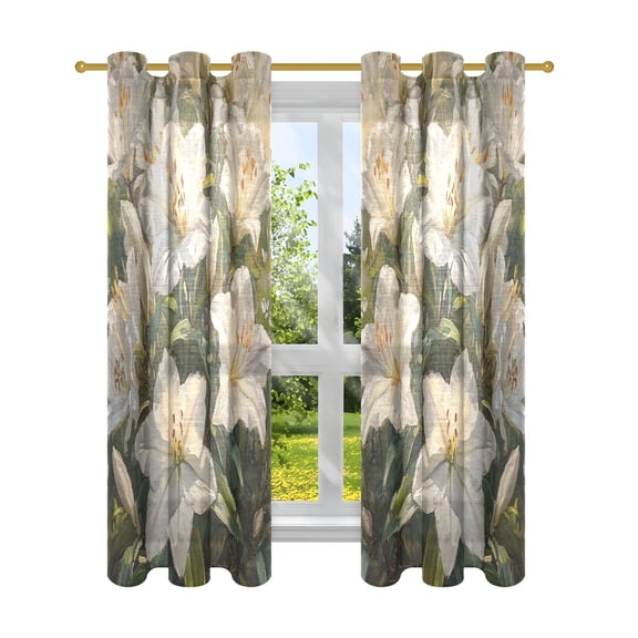 Window Curtain Panels Cotton Linen Decorative Curtains - Symmetrical Flowers BloomingWindow Shade Backdrops for Home Office Sunroom Country House