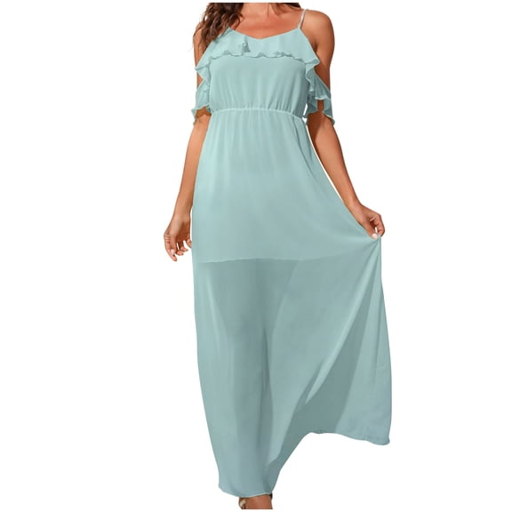 Fesfesfes Spring Dresses for Women Off Shoulder Sling Dress Casual Flowy Chiffon Maxi Dress Solid Color Camis Beach Dress