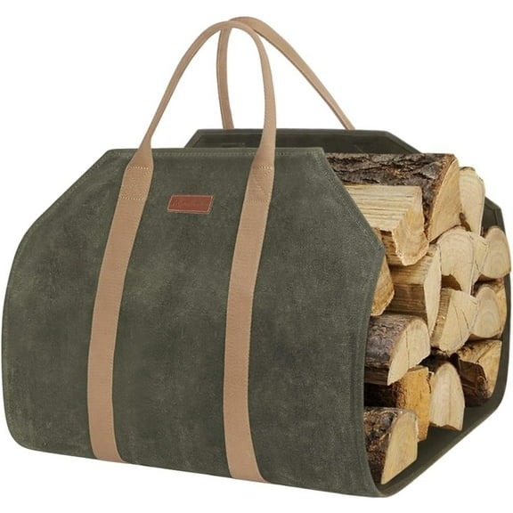 Sturdy Waxed Canvas Firewood Log Carrier, Durable Firepalce Wood Bag with Reinforce Duty Straps Green