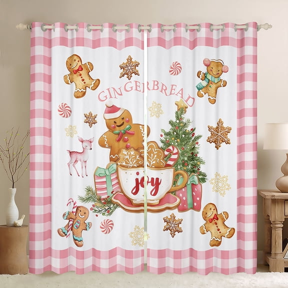 Manfei Gingerbread Black Out Curtains for Kids, Green Christmas Tree Curtains Pack of 2 (42x63 Each), Girls Pink Plaid Bedroom Curtains, Luxurious Room Decor
