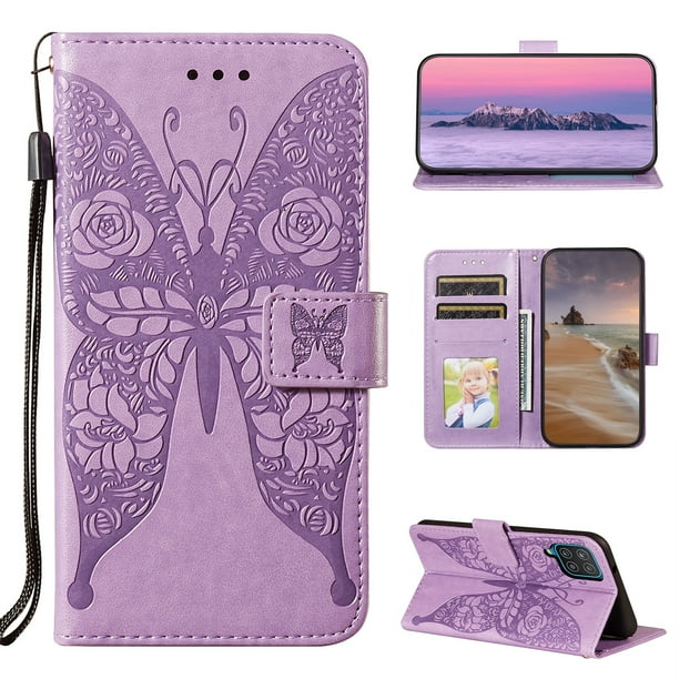 Samsung Galaxy A12 Wallet Case Dteck Embossed Butterfly Pu Leather Folio Flip Phone Case Stand Protective Cover With Credit Card Holder Hand Strap For Samsung Galaxy A12 5g Purple Walmart Com