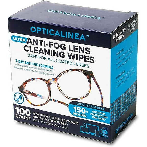 OPTICALINEA Ultra Anti-Fog Lens Cleaning Wipes l Pre-Moistened Anti Fog Wipes for Eyeglasses, Sunglasses, Goggles, Screens, Camera and Binocular Lenses, Industrial Eyewear and Shields l 100 Count