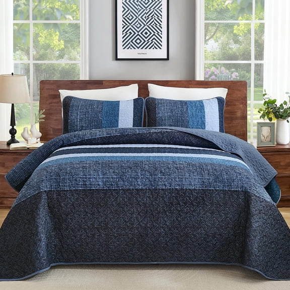 Navy Blue Quilt Set - 3- Striped Boho Bedding Set | Lightweight Microfiber Bedspread with Classic Navy & White Stripes, Modern Neutral Coverlet for Seasons(96"x90")