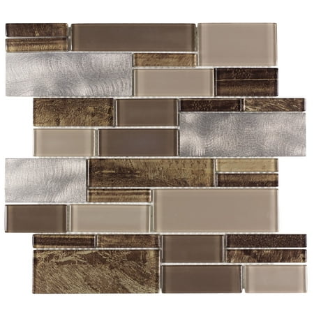 MTO0005 Modern Linear Brown Gray Glossy Glass Metal Mosaic