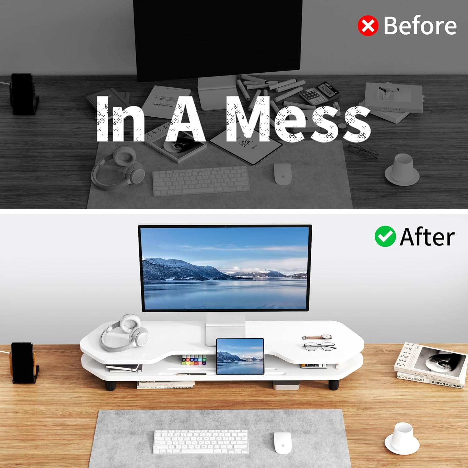 39.4 Inch Dual Monitor Stand with Storage Shelf, 2-Tier Wooden Desk Organizer Riser for Computer, Laptop, Printer and Phone/Tablet