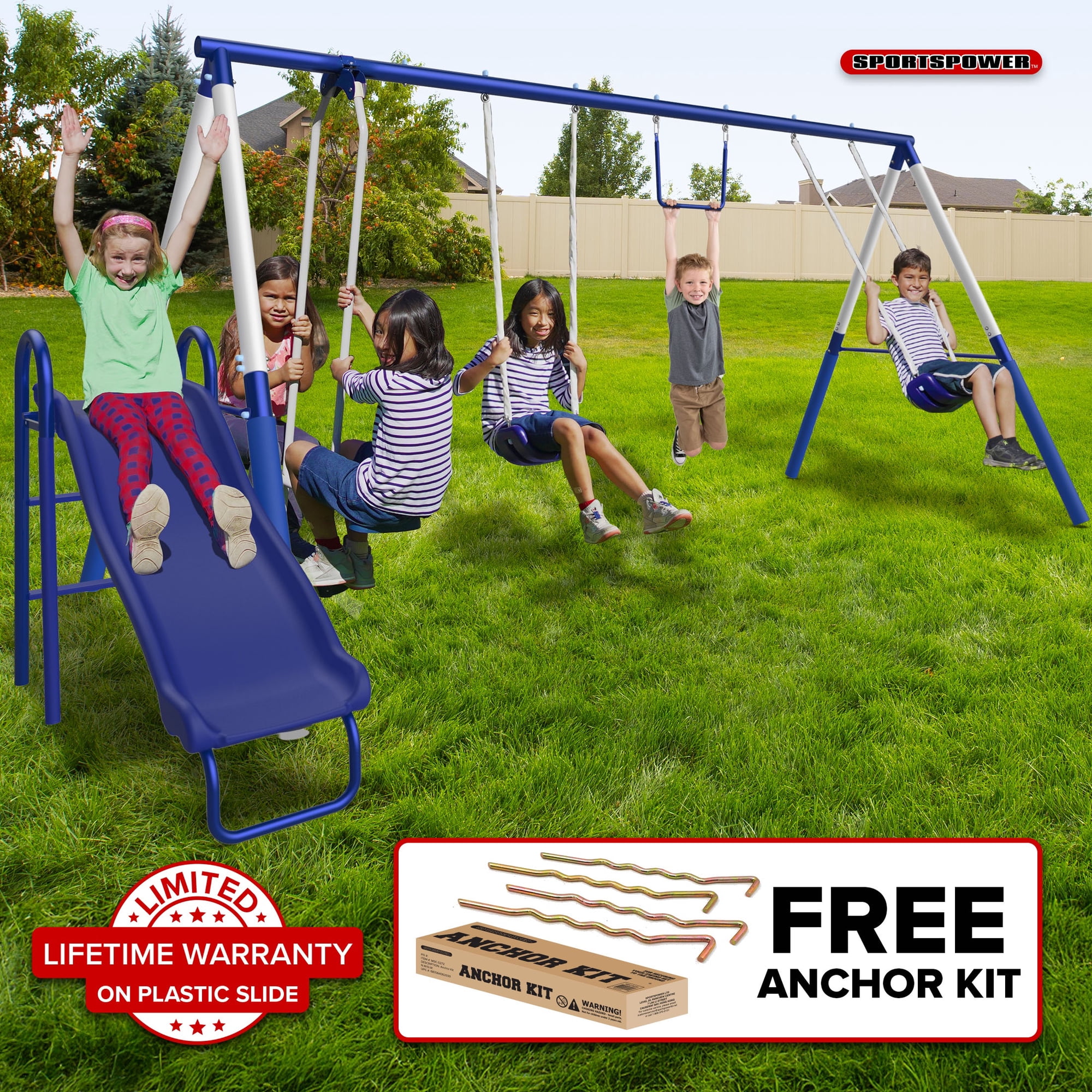 Sportspower Arcadia Metal Swing Set with Trapeze, 2 Person Glider Swing, 5' Double Wall Slide with Lifetime Warranty, and Bonus Anchor Kit, Great for Kids 3-8