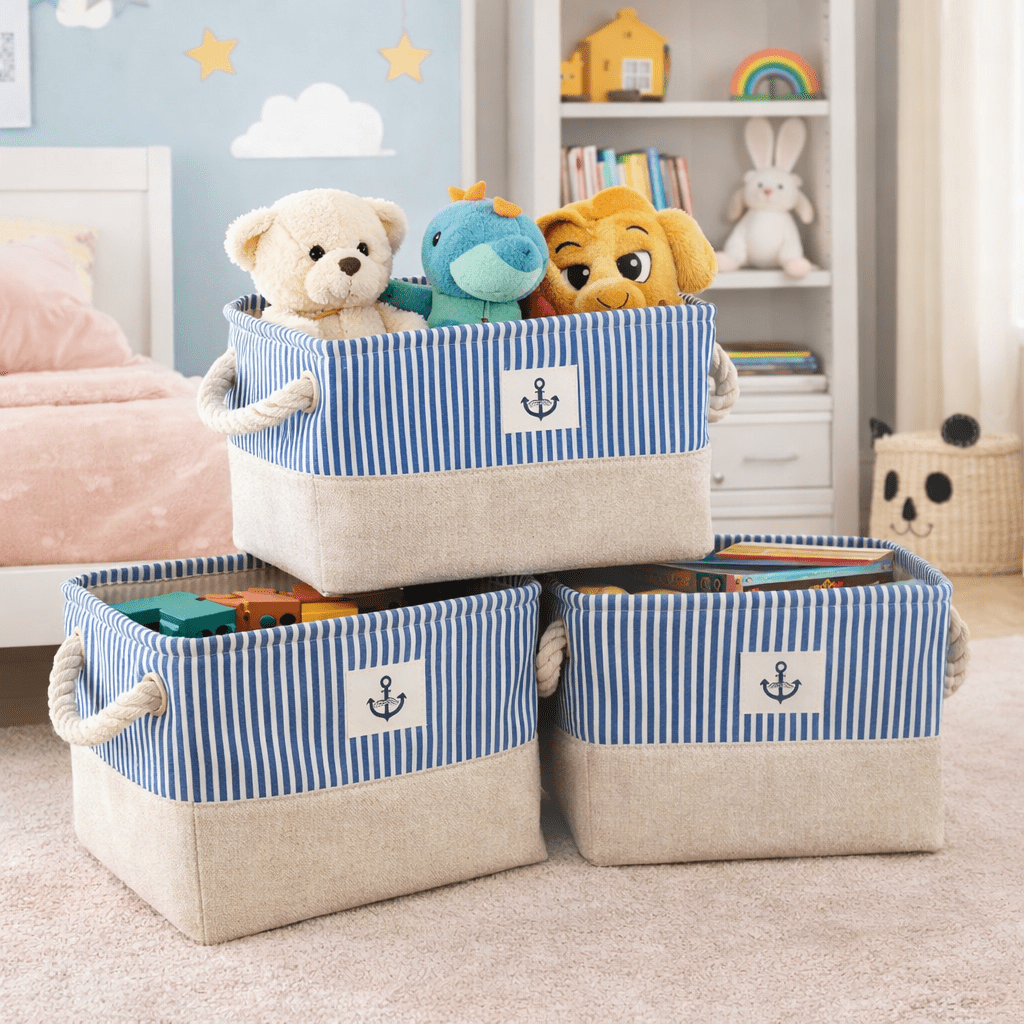 A*Homeist Medium Thick Linen Storage Bins Toy Storage Baskets with Handles,12.6x8.3x7.9”, 3pcs