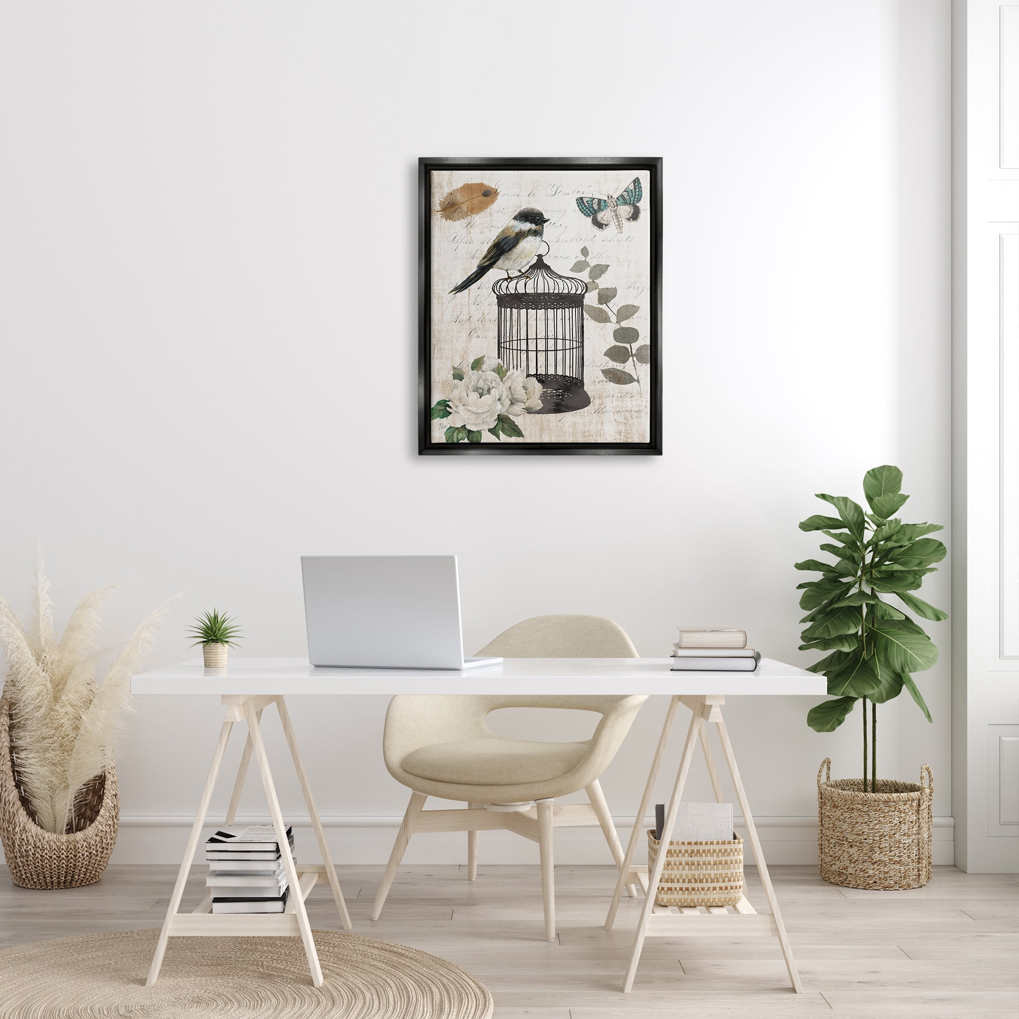 Stupell Industries Vintage Bird Cage Butterfly Floral Script Words Graphic Art Jet Black Floating Framed Canvas Print Wall Art, Design by Nan