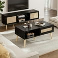 thumbnail image 5 of Coffee Table with Storage, Boho Dining Table with Sliding Rattan Door Panel and Solid Wood Legs, Small Coffee Tables for Living Room, Black, 5 of 14
