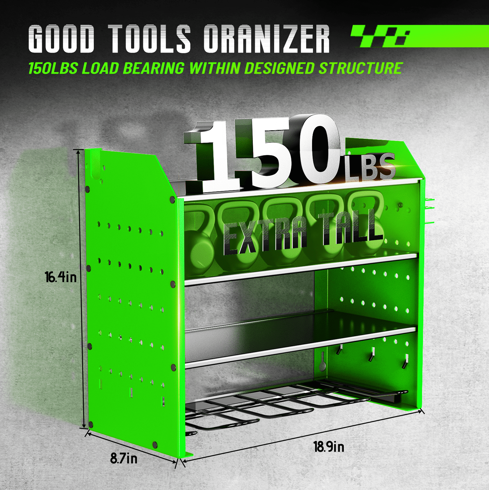 Loonpon Power Tool Organizer Wall Mount, 4-Layer Drill Storage Shelf with Hooks,Screwdriver,Drill Bit Heavy Duty Rack Green