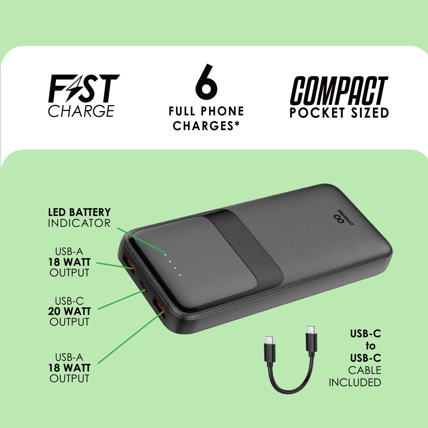 Liquipel Powertek 20,000mAh Portable Charger PD Power Bank with USB-C – Black