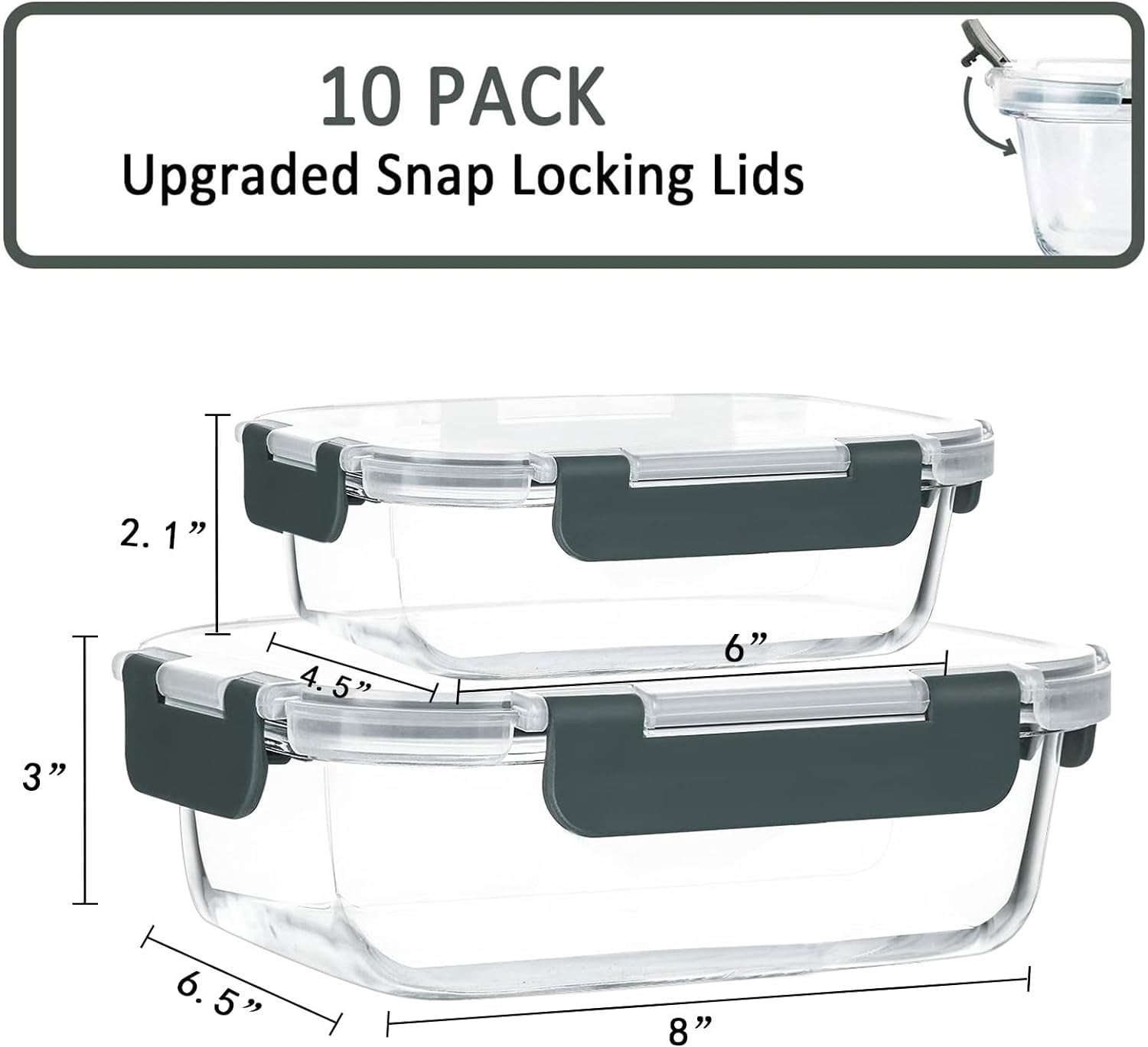 [10-Pack] Glass Meal Prep Containers with Lids, Food Storage Containers with Snap Locking Lids, Airtight Lunch Containers, Microwave, Oven, Freezer and Dishwasher, Gray