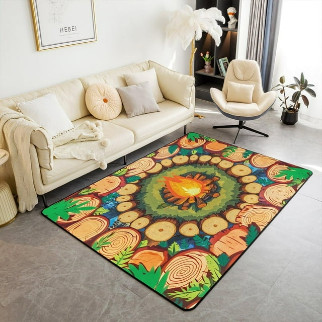 Campfire Bedding Set Area Rug 5x7 Tree Stump Living Room Rugs for Bedroom for Boys Girls Teens Fun Woodland Campsite Summer Happy Camping Decor Carpet Soft Microfiber Brown Grass Green Room Decor
