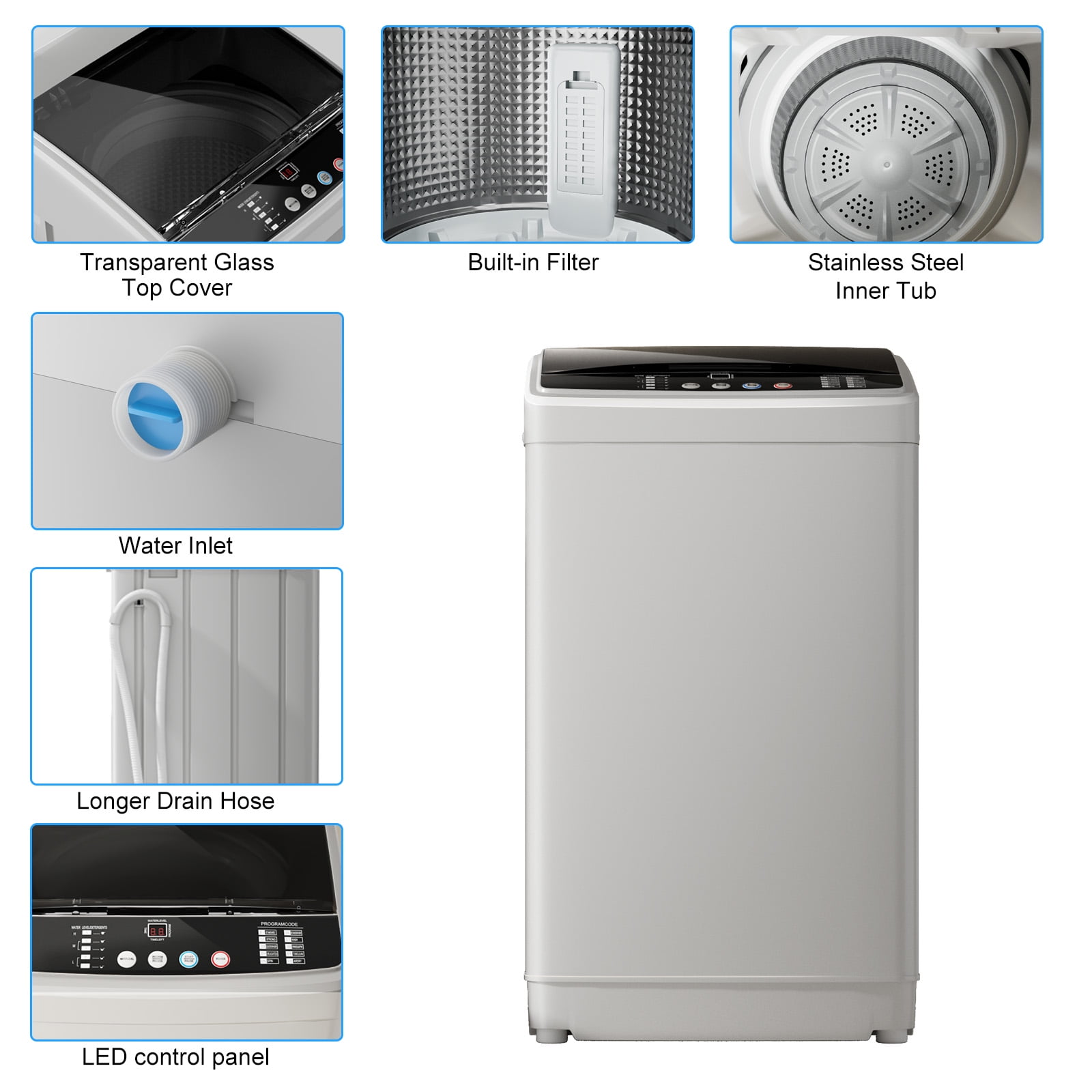 DISHUP 19 Lbs Portable Washing Machine, 2.5 Cu.ft Full-Automatic Washer and Dryer, Portable Washer for Apartment and Home, Gray
