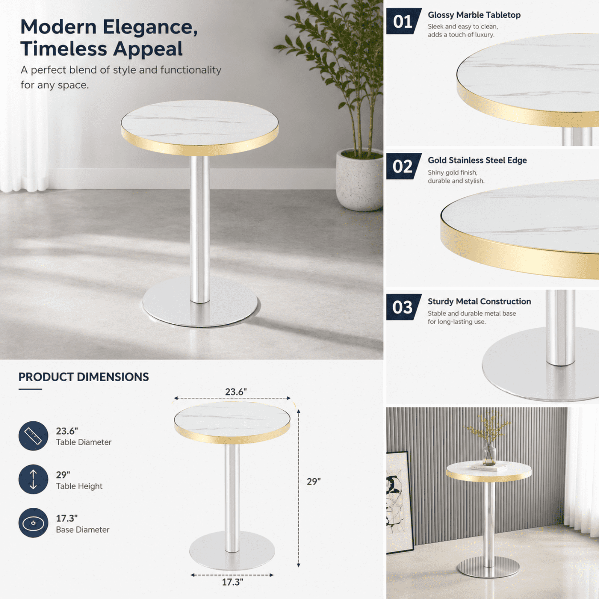 23.6" Round Light Luxury Coffee Table, UV Paint MDF Marble Texture Countertop with Stainless Steel Edging, Sturdy Metal Leg Side Table for Living Room Bedroom Entryway Office